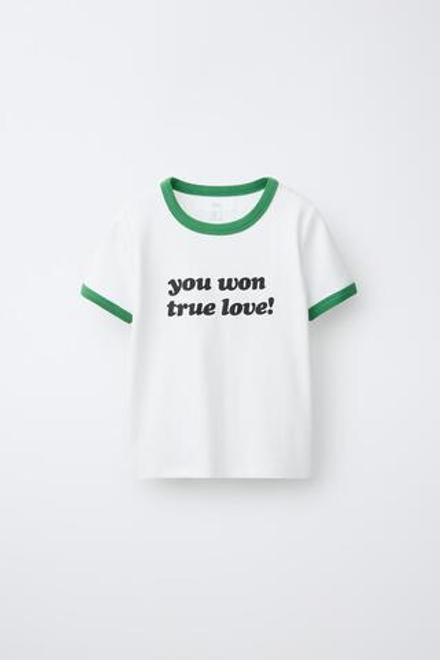 ZARA ФУТБОЛКА В РУБЧИК С КОНТРАСТНЫМ ТЕКСТОМ, ЦВЕТ МОРСКОЙ ВОЛНЫ