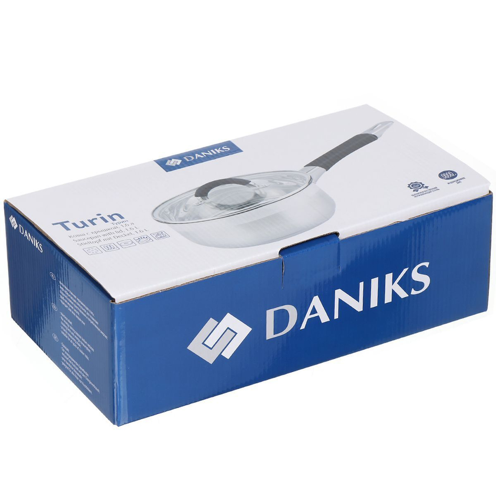 Ковш нерж, 1.6 л, крышка стекло, металл ручка, индукц, Daniks, Турин, GS-01413-16SP