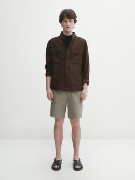 Massimo Dutti Шорты из хлопка и льна на шнурках, коричневый