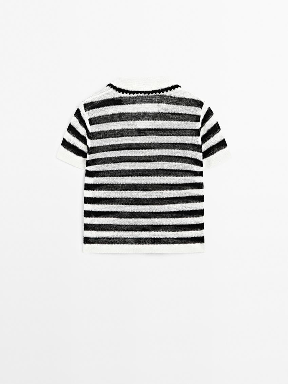 Massimo Dutti Свитер поло из смесового хлопка в полоску, черный