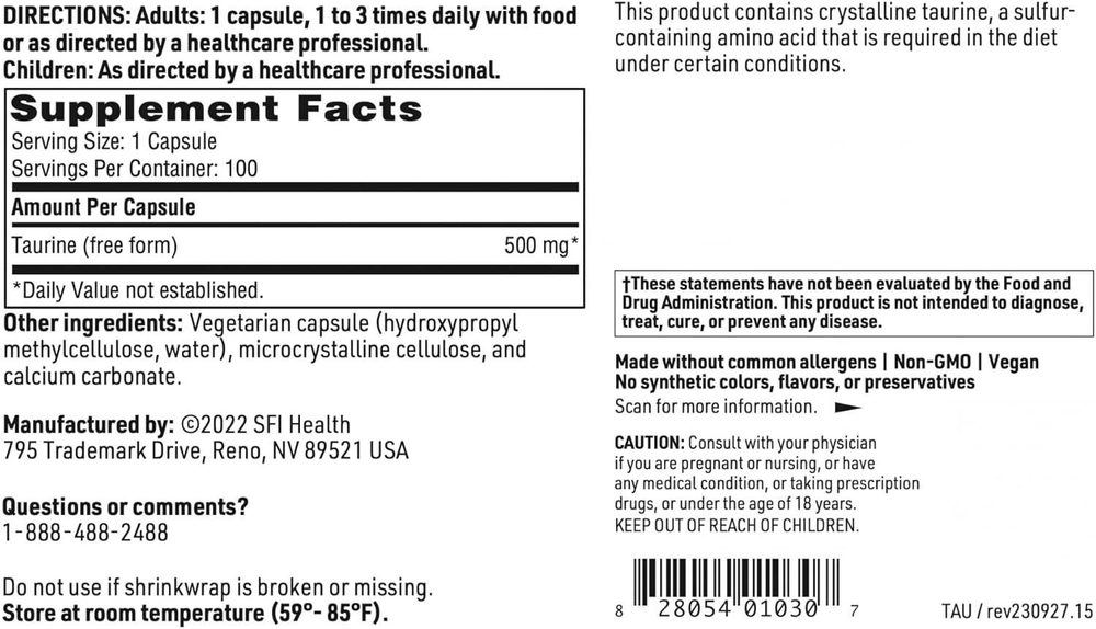 Klaire Labs - Taurine 500 mg 100 capsules