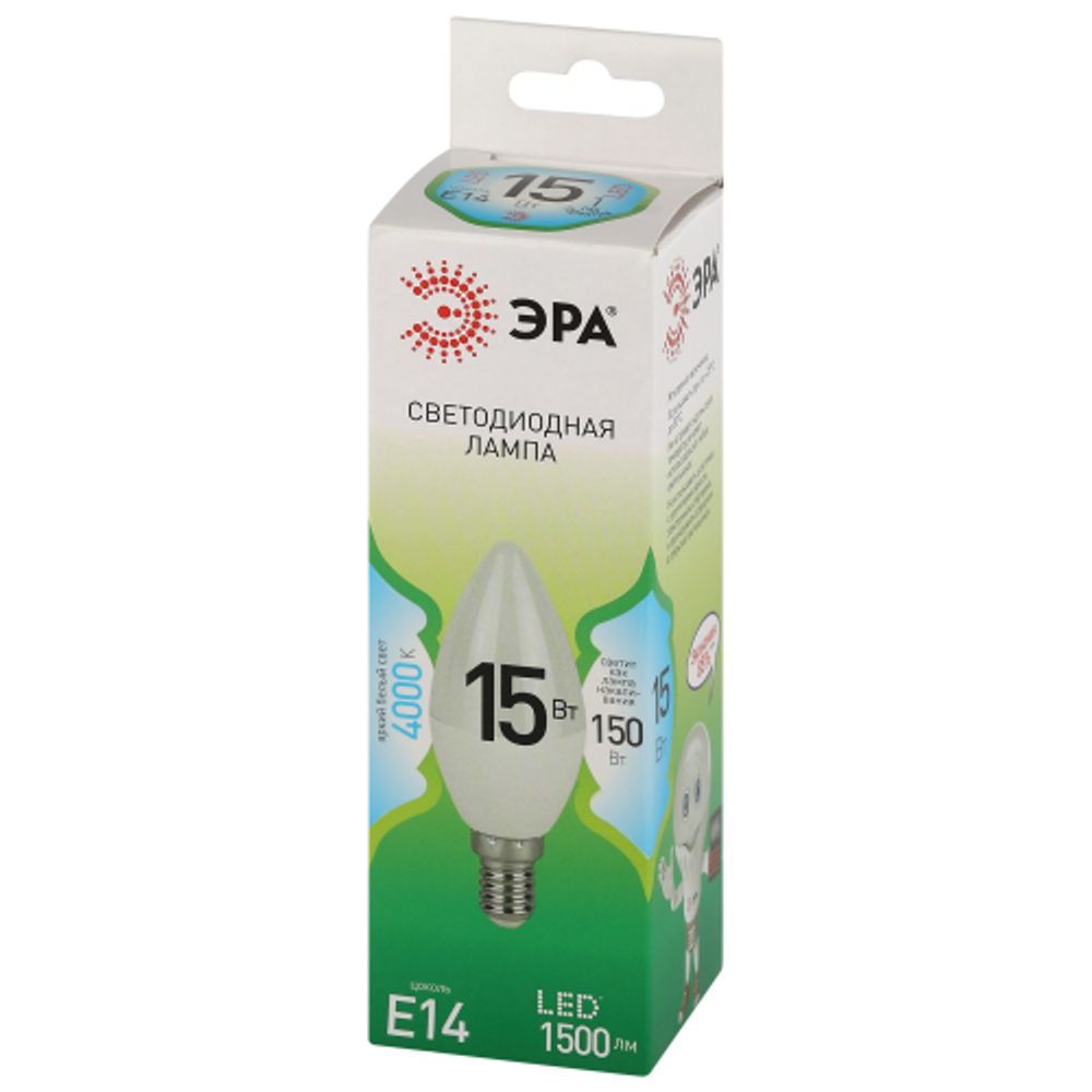 Лампа светодиодная ЭРА GREEN LINE LED B35-15W-840-E14 GL 15Вт свеча яркий белый свет E14 | Лампы cветодиодные Свеча (B/C)