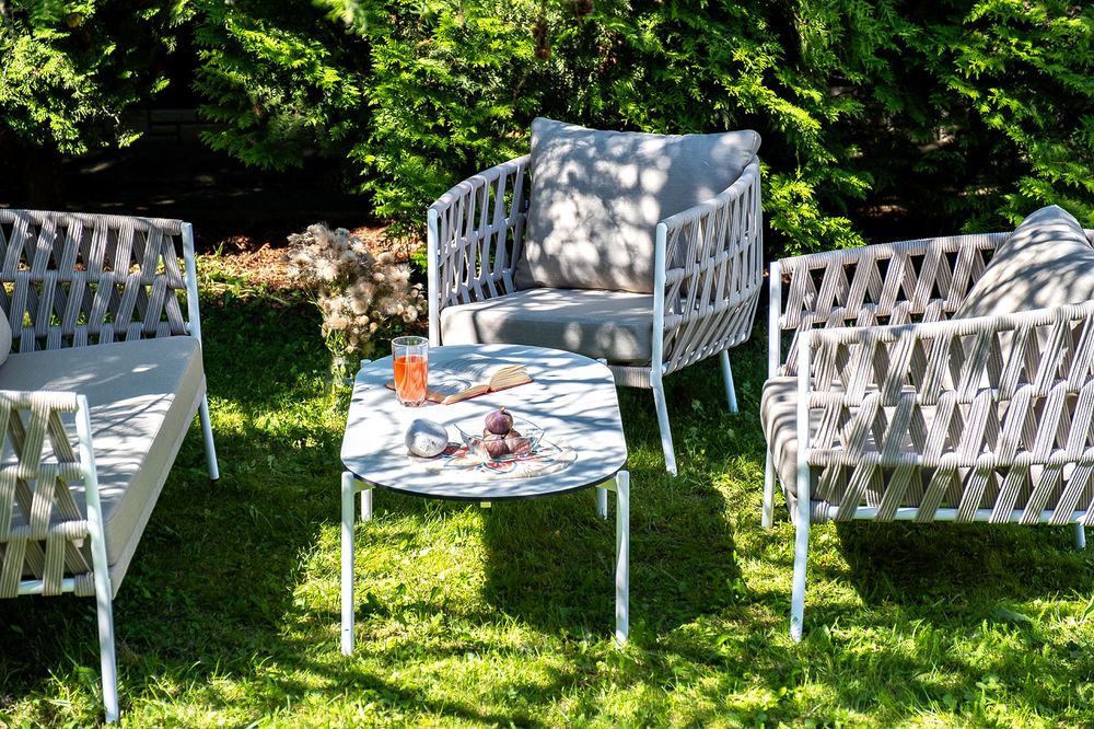 "Диего" лаунж-зона 4-местная плетеная из роупа (веревки), каркас алюминиевый белый, роуп бежевый