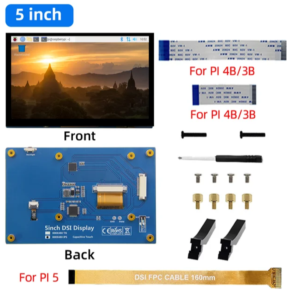 Для Raspberry Pi 3/4/5 B, 5 дюймов сенсорный