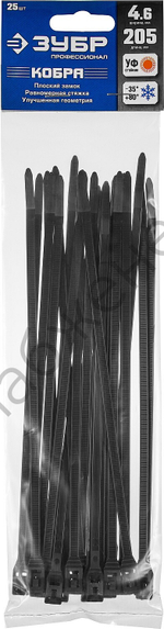 ЗУБР КОБРА 4.6 х 205 мм, нейлон РА66, кабельные стяжки с плоским замком черные, 25 шт, Профессионал (30935-46-205)