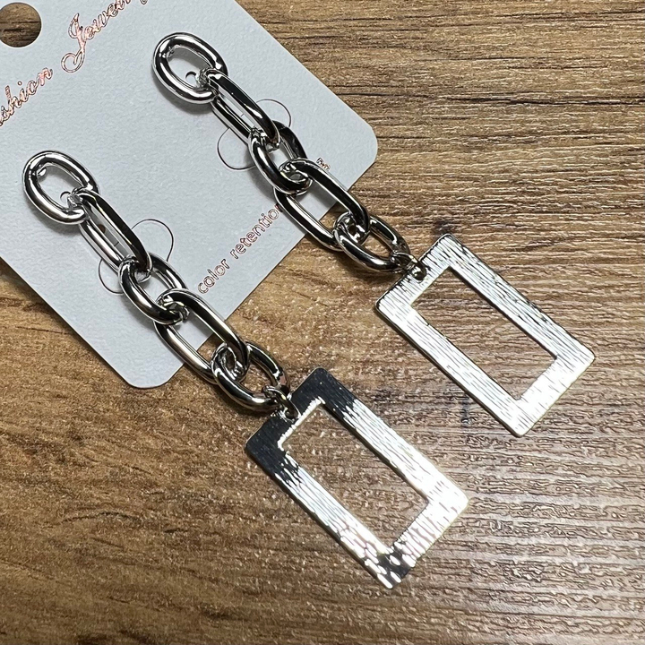 Серьги "Цепи" 5 звеньев подвеска прямоугольная рамка металл серебристый