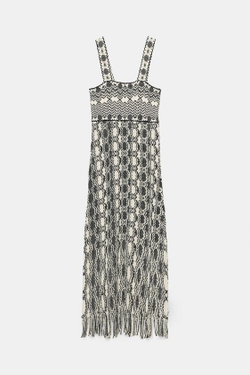 ZARA ТРИКОТАЖНОЕ ПЛАТЬЕ С БАХРОМОЙ, ЧЕРНЫЙ/БЕЛЫЙ