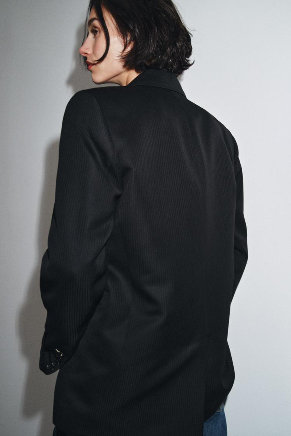 ZARA БЛЕЙЗЕР ИЗ СМЕСОВОЙ ШЕРСТИ В ПОЛОСКУ, ЧЕРНЫЙ