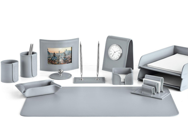 Настольный набор в кабинет руководителя 12 предметов, натуральная кожа, цвет серый