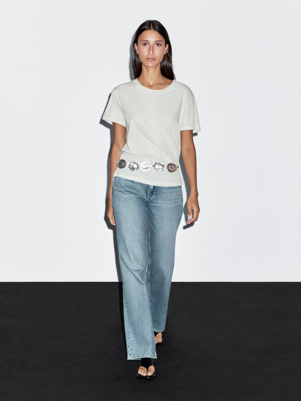 Massimo Dutti Футболка с короткими рукавами из 100% хлопка, водянисто-зеленый