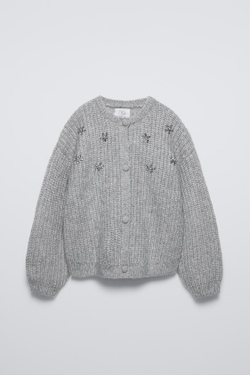 ZARA КАРДИГАН С ПУГОВИЦАМИ И СТРАЗАМИ, ЖЕМЧУЖНО-СЕРЫЙ