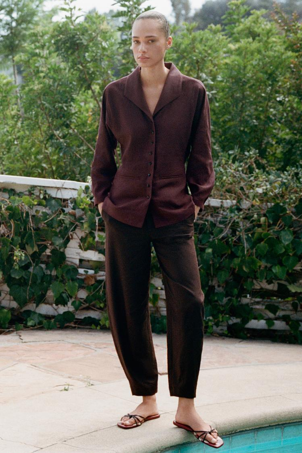 ZARA ЛЬНЯНЫЕ БРЮКИ BARREL, КОРИЧНЕВЫЙ