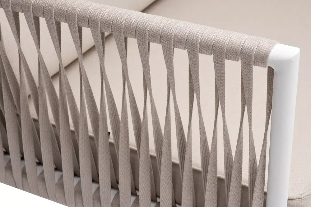 "Касабланка" диван 2-местный плетеный из роупа, каркас алюминий белый муар, роуп бежевый 20мм, ткань бежевая 035