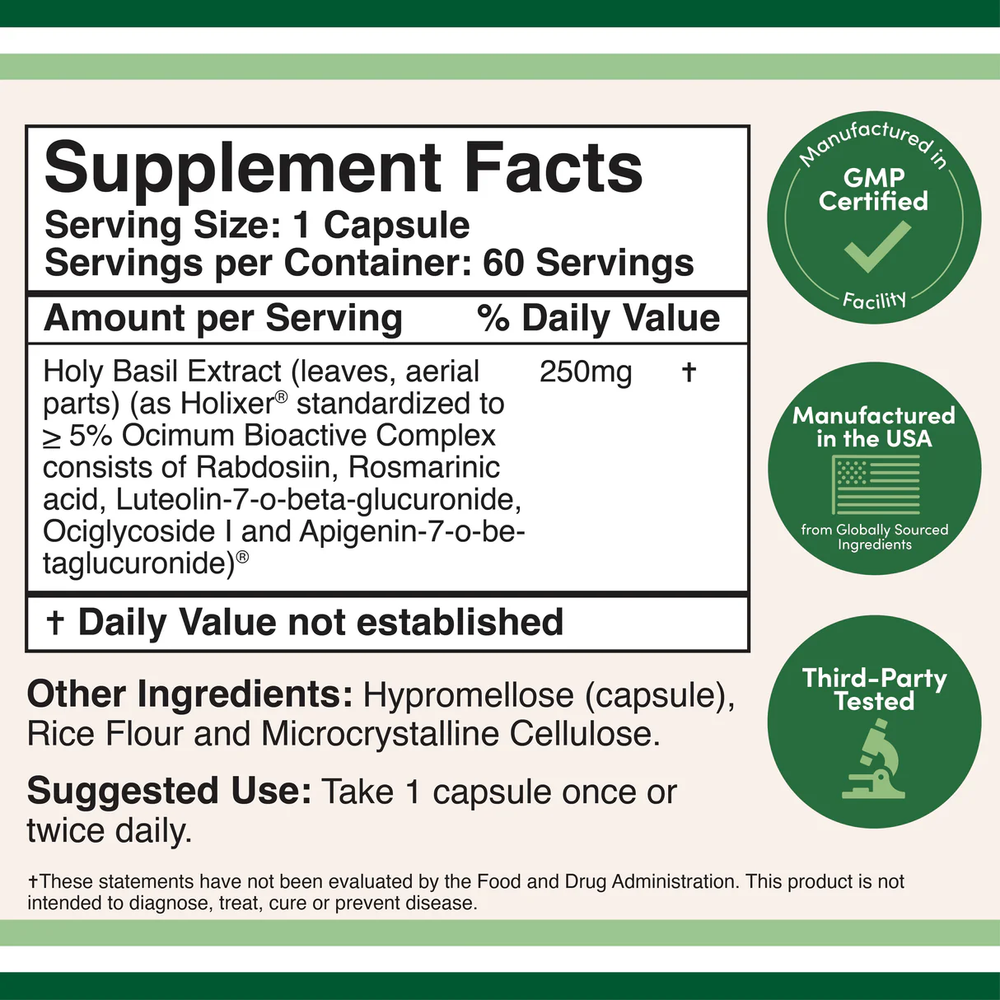 Double Wood Supplements - Holixer Holy Basil Extract - 60 x 250 mg capsules