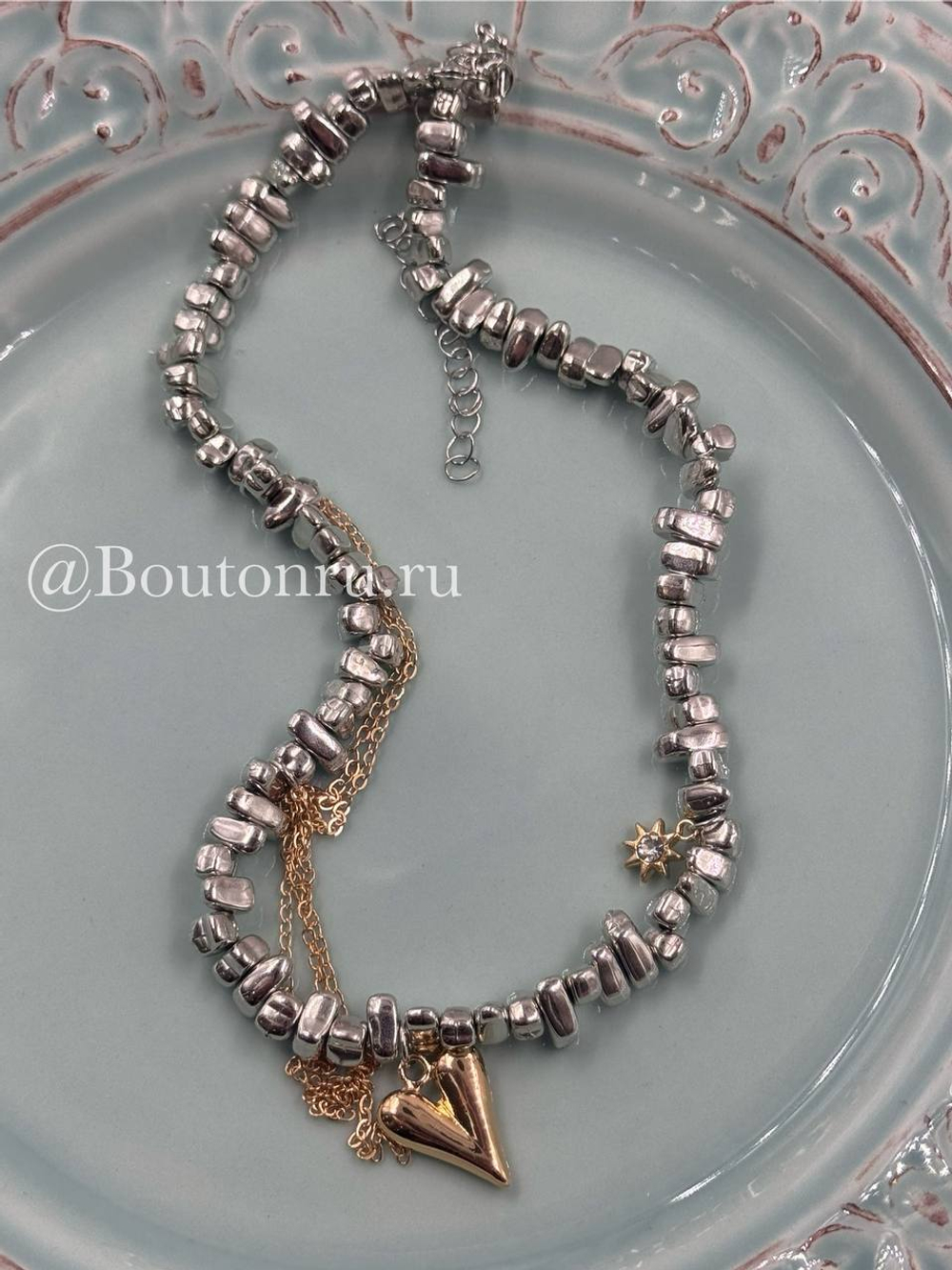 Колье серебристое с сердечком, звездочкой и цепью биколорное