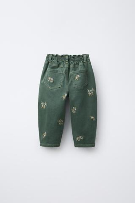 ZARA БРЮКИ BAGGY ИЗ САРЖИ С ВЫШИВКОЙ В ВИДЕ ЦВЕТОВ, ЗЕЛЕНЫЙ