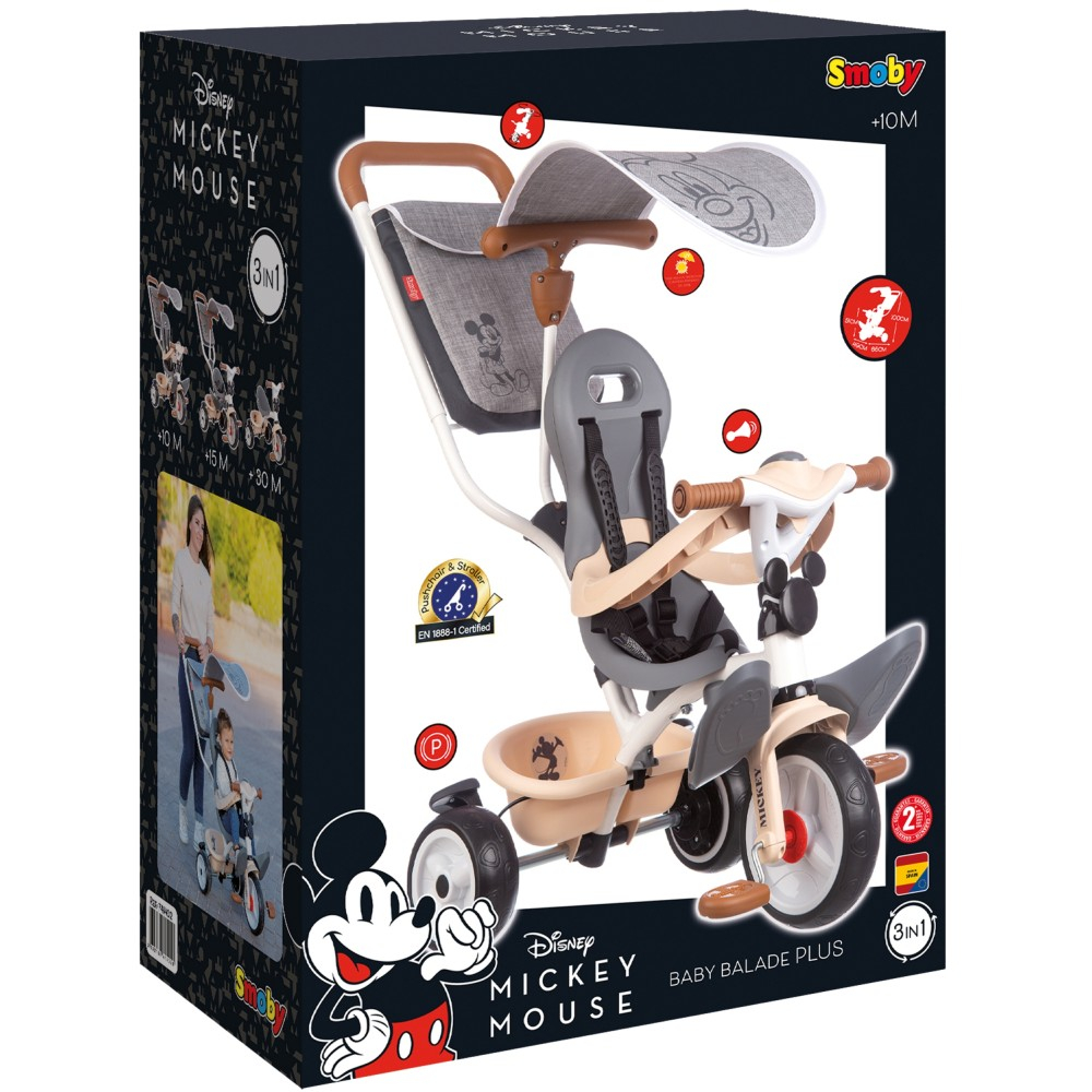 Детский трёхколёсный велосипед Smoby 741402 Микки Маус Baby Balade Plus от 10 месяцев — фото 1