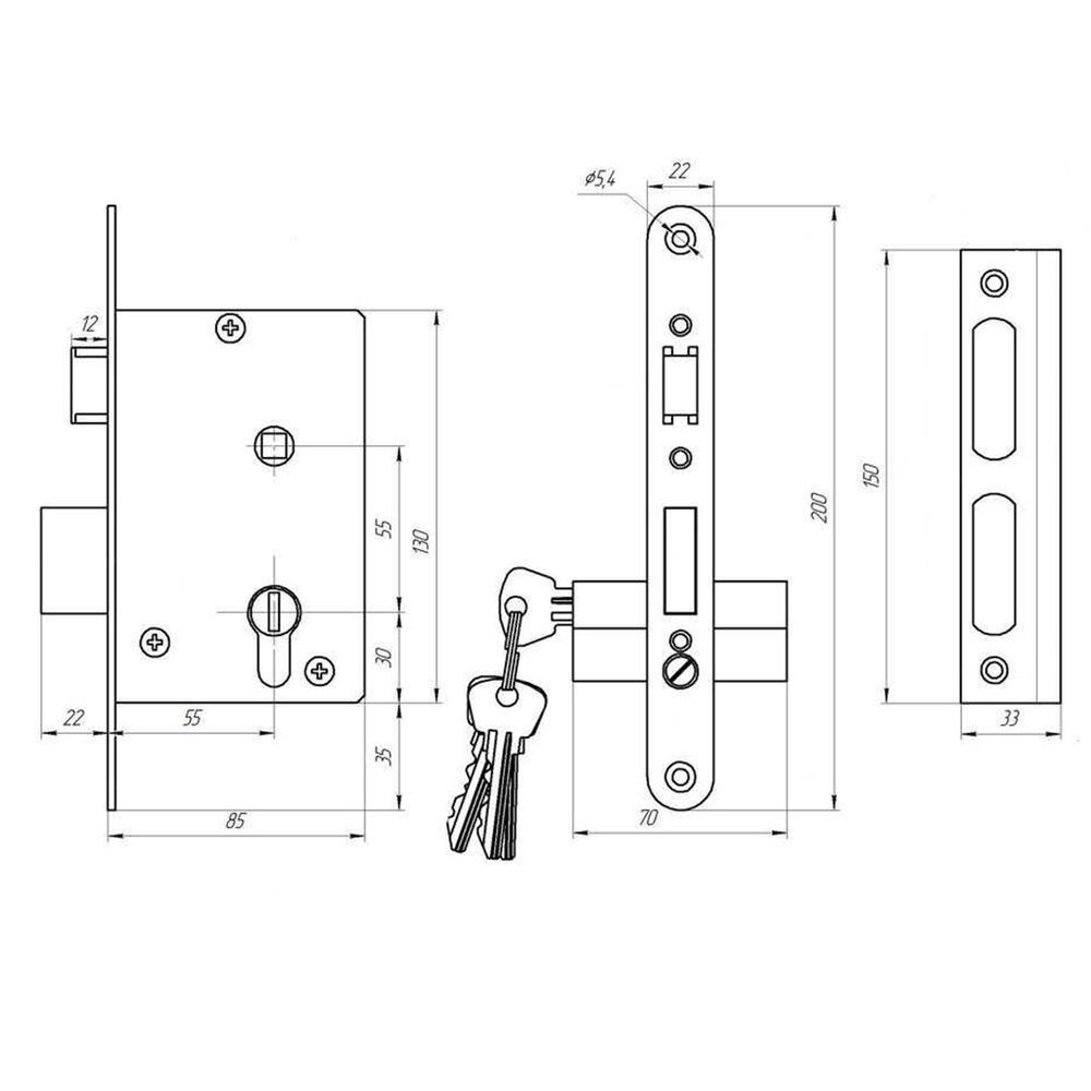 Замок врезной Зенит, ЗВ4-3.07, 00-00000550, ручка в комплект, цилиндровый, бронз