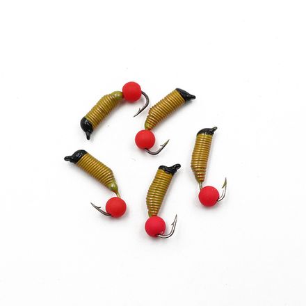 Мормышка вольф. безнасадочная "ЯМАН" Ручейник №5, d-2 мм, L-9.5 мм, вес 0,68 гр., фц. красный шар, цв. желтый