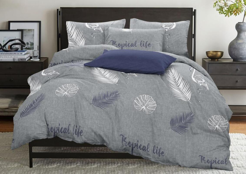 Комплект постельного белья 2 сп с европростыней БЯЗЬ "Flamingo серый" (нав. 50х70 или 70х70)