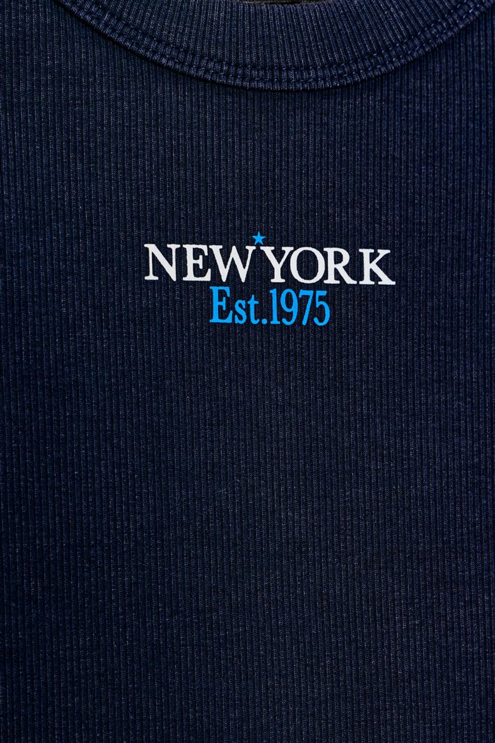 ZARA ФУТБОЛКА В РУБЧИК С НАДПИСЬЮ, СИНИЙ