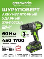 Дрель-шуруповерт ударная акк. Greenworks GD24DD60, 24V, б/щет, 30/60Нм,1х2Ач,ЗУ,кор (3704107CUA)