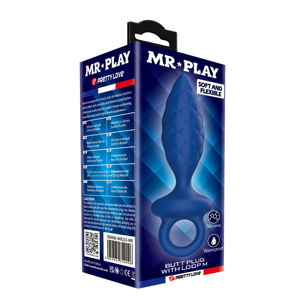 Синяя анальная пробка с кольцом Butt Plug with Loop M - 13,4 см. (Цвет: синий)