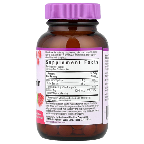 Bluebonnet Nutrition, EarthSweet, жевательные таблетки CellularActive, метилкобаламин, малиновый вкус, 5000 мкг, 60 жевательных таблеток
