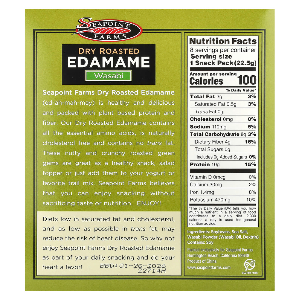 Seapoint Farms, Сушеные обжаренные бобы эдамаме, острый васаби, 8 пакетиков, 0,79 унции (22,5 г) каждый