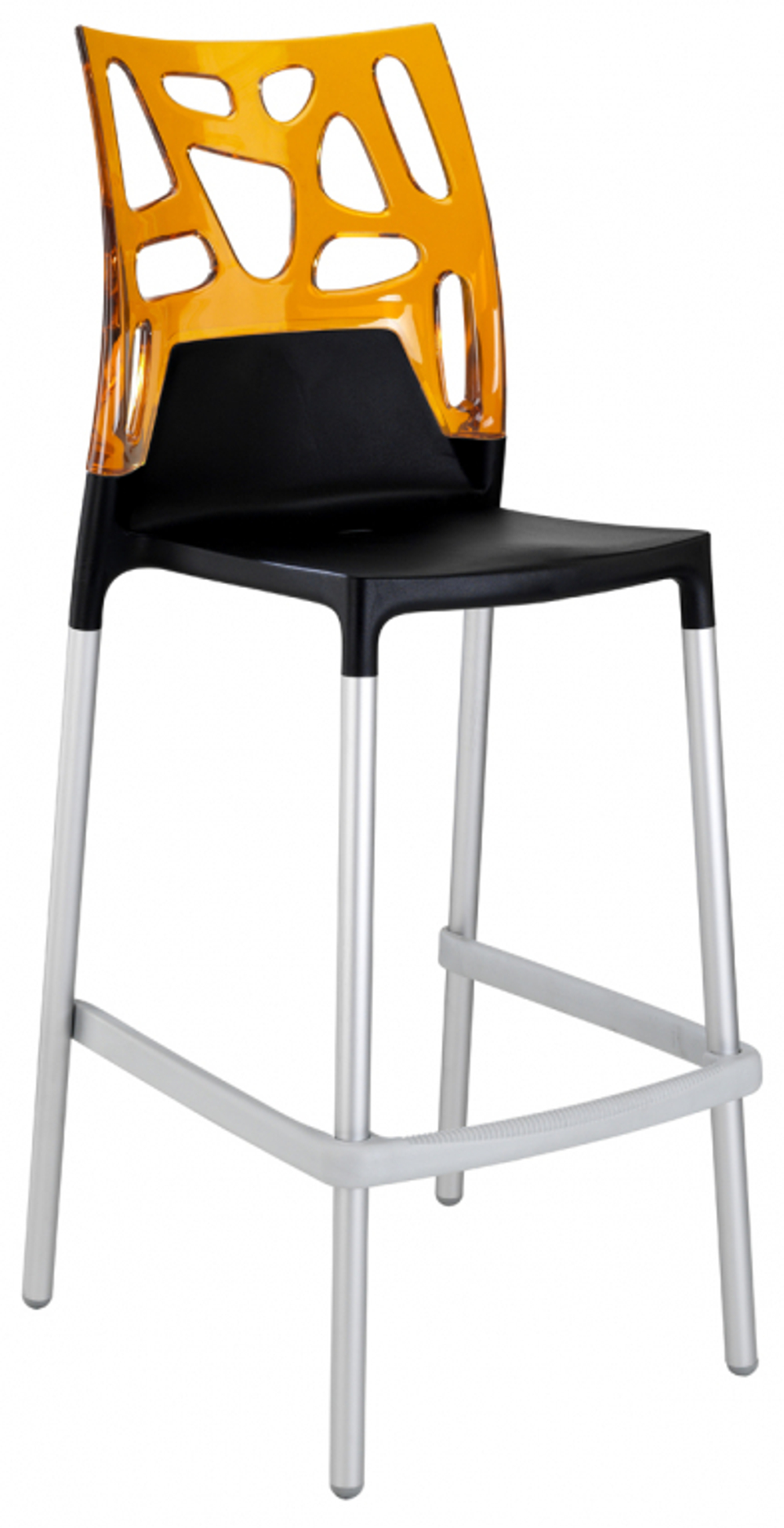Стул пластиковый барный Papatya Ego-Rock Bar, сатинированный алюминий, черный матовый, оранжевый