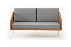 "Канны" диван 2-местный плетеный из роупа, каркас алюминий светло-серый (RAL7035) муар, роуп оранжевый меланж круглый, ткань светло-серая