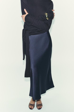 ZARA АТЛАСНАЯ ЮБКА МИДИ, МОРСКОЙ СИНИЙ