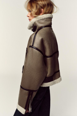 ZARA КОРОТКАЯ КУРТКА-ДУБЛЕНКА, СЕРО-КОРИЧНЕВЫЙ