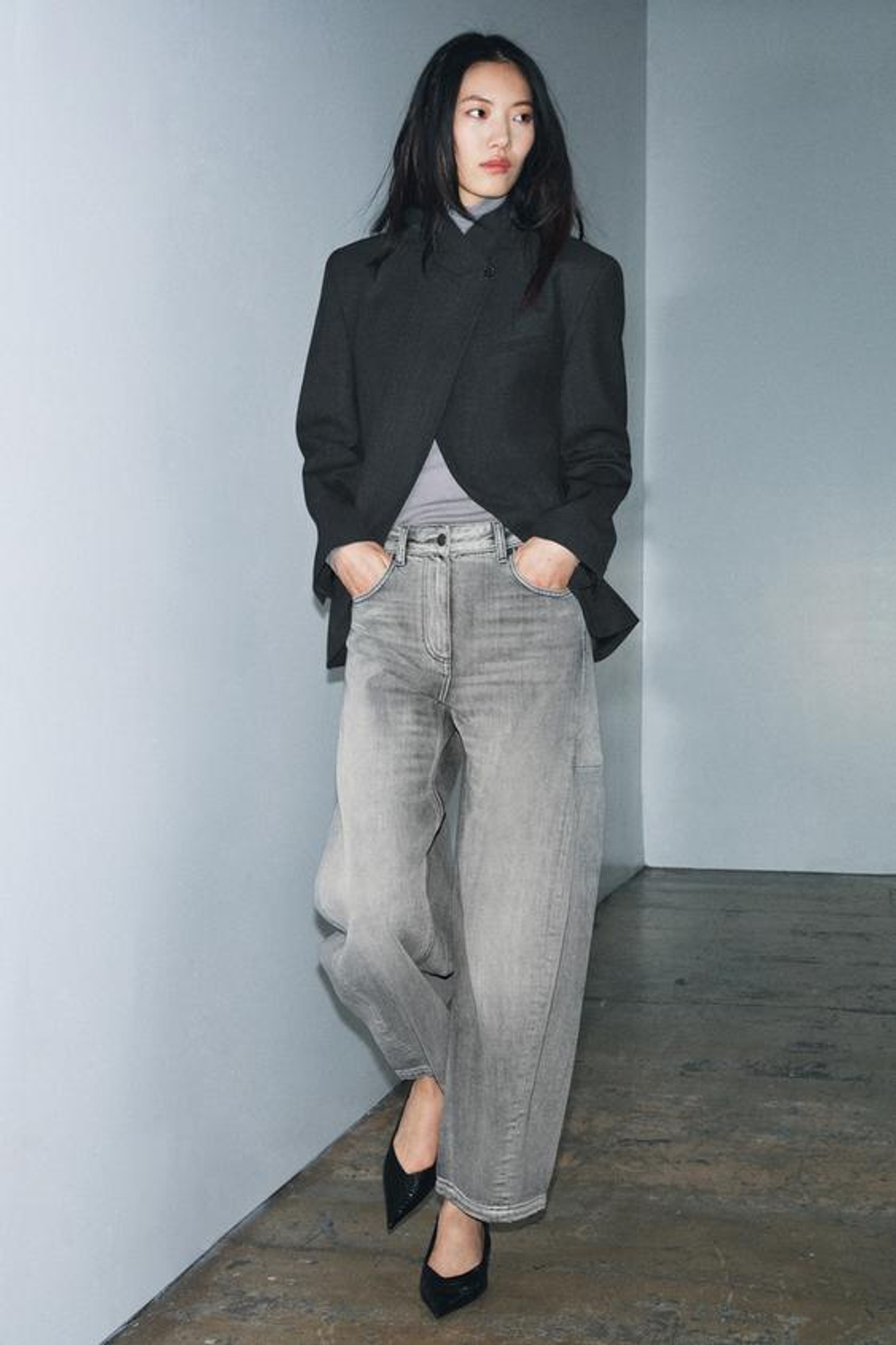 ZARA ДЖИНСЫ ZW COLLECTION ANKLE BALLOON СО СРЕДНЕЙ ПОСАДКОЙ, СЕРЫЙ