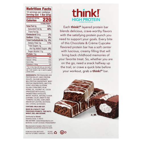 Think !, высокопротеиновые батончики, шоколадное пирожное с кремом, 10 батончиков по 57 г (2,01 унции)