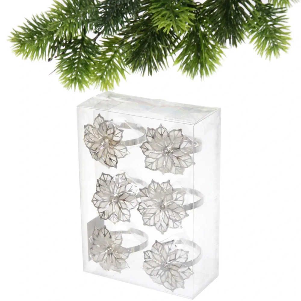 Набор колец для салфеток 6шт «Пуансеттия»4,5*4,5см, серебро