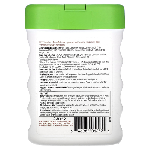 Quantum Health, Buzz Away Extreme®, средство от комаров и клещей, 25 салфеток