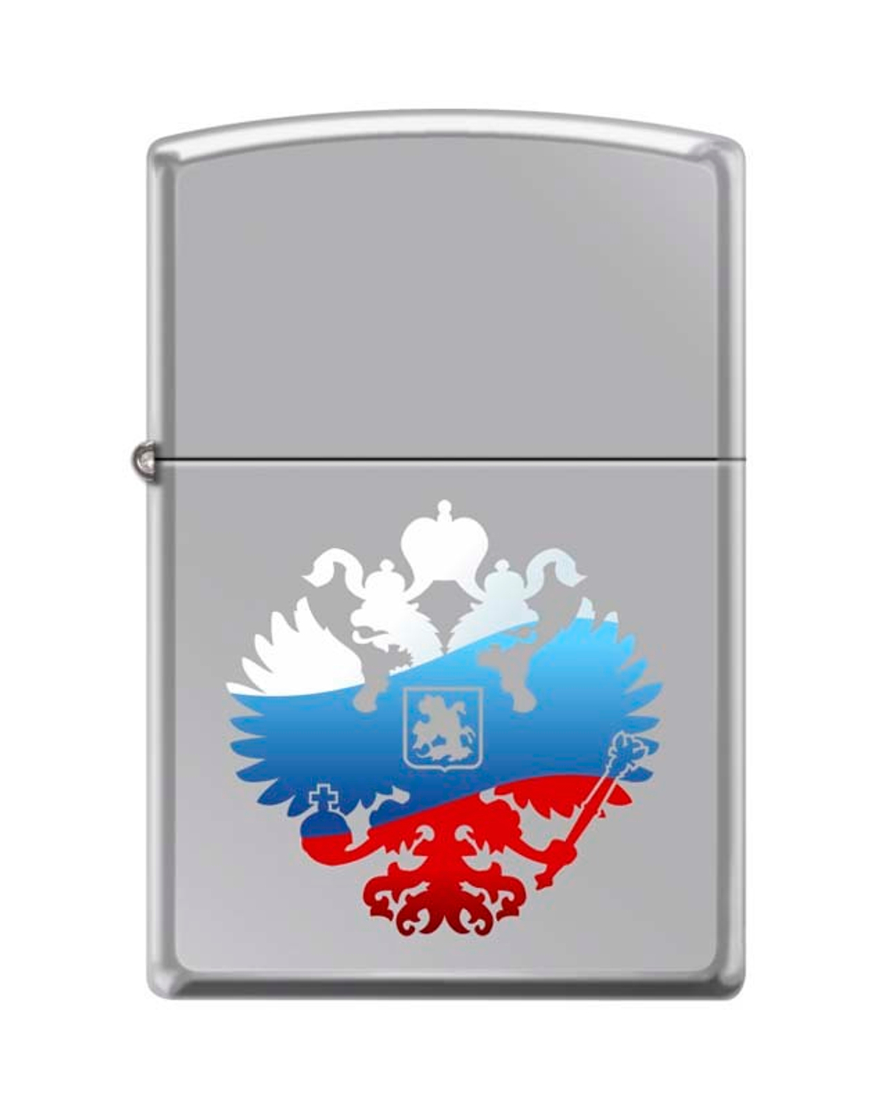 Легендарная классическая американская бензиновая широкая зажигалка ZIPPO Classic High Polish Chrome™ серебристая матовая из латуни и стали с изображением двуглавого орла ZP-250 RUSSIAN COAT OF ARMS