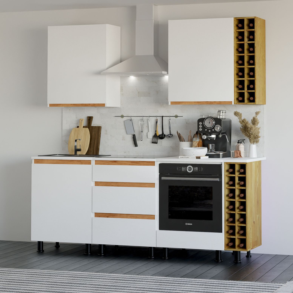 Кухня Валенсия 200 см со столешницей (7 модулей) / белый ЛДСП, массив дуба