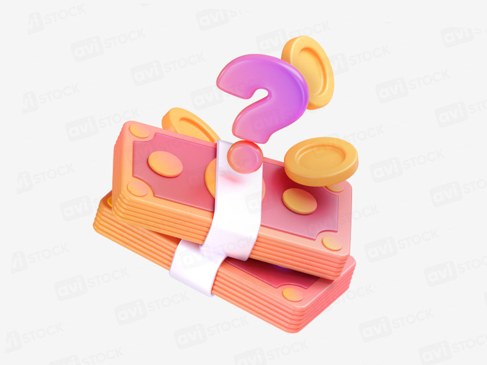 Stack of banknotes, coins, and purple question mark. Symbol for payroll, bonus questions, and finance. PNG, 3D style.