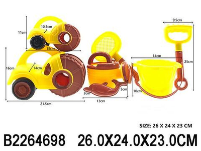 Набор для игры в песок 7 предметов: 2 Машинки, лейка, ведро, сито, грабли, формочка, сетка 108-6