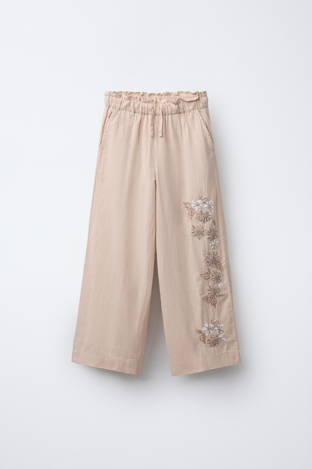 ZARA БРЮКИ ИЗ СМЕСОВОГО ЛЬНА С ВЫШИВКОЙ, СВЕТЛО-БЕЖЕВЫЙ