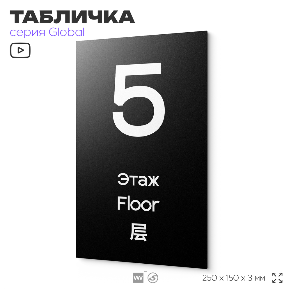 Табличка с номером Этаж 5, на дверь и стену, информационная и мультиязычная (русский, английский, китайский), серия GLOBAL, 25х15 см, Айдентика Технолоджи