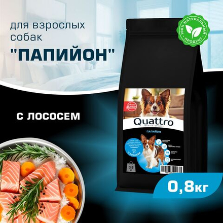 Корм сухой для взрослых собак породы Папийон, с лососем, 800 гр, QUATTRO