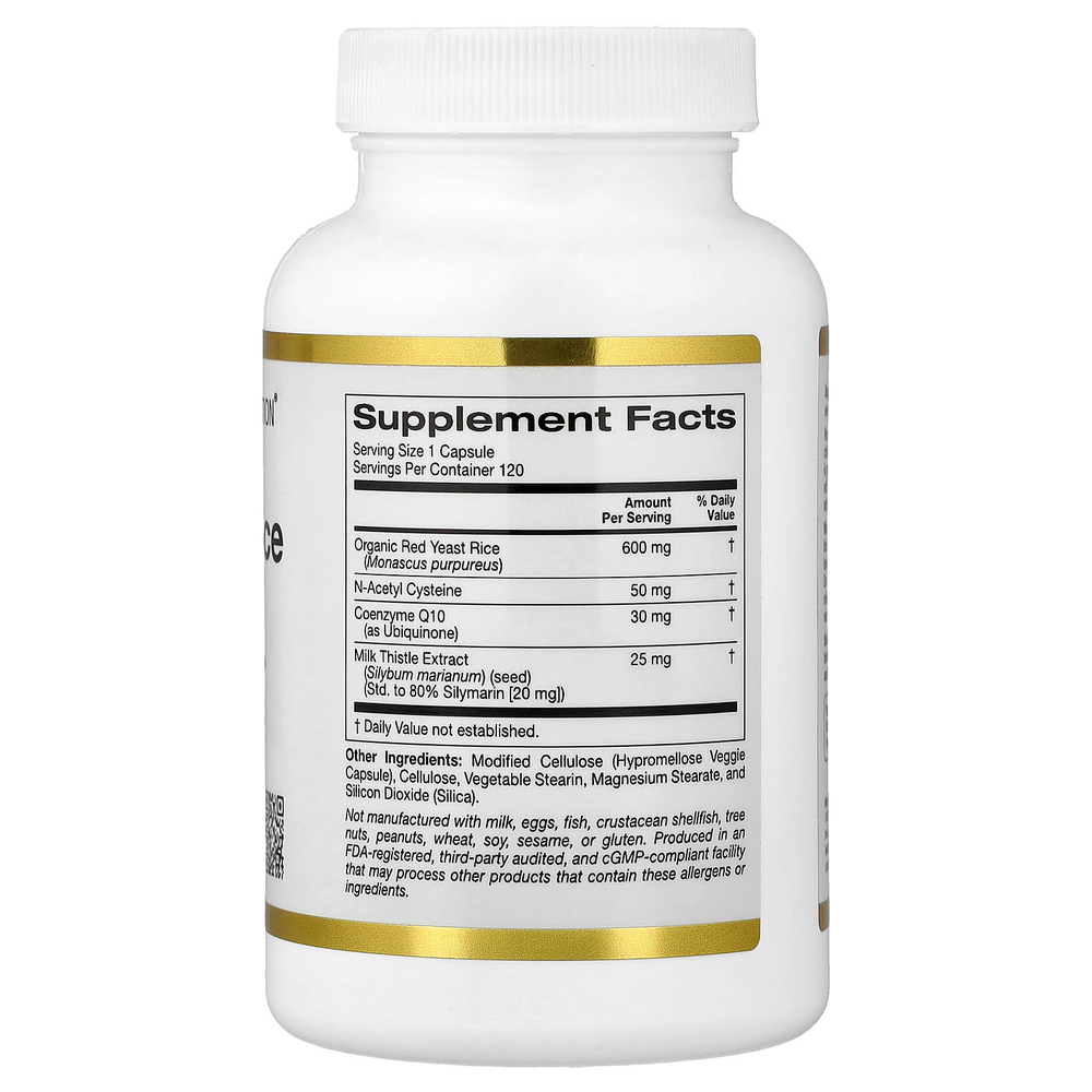California Gold Nutrition, комплекс с органическим красным ферментированным рисом, N-ацетилцистеином, коэнзимом Q10 и экстрактом расторопши, 120 вегетарианских капсул