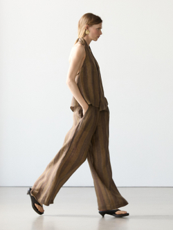 Massimo Dutti Полосатые льняные брюки с широкими штанинами, хаки