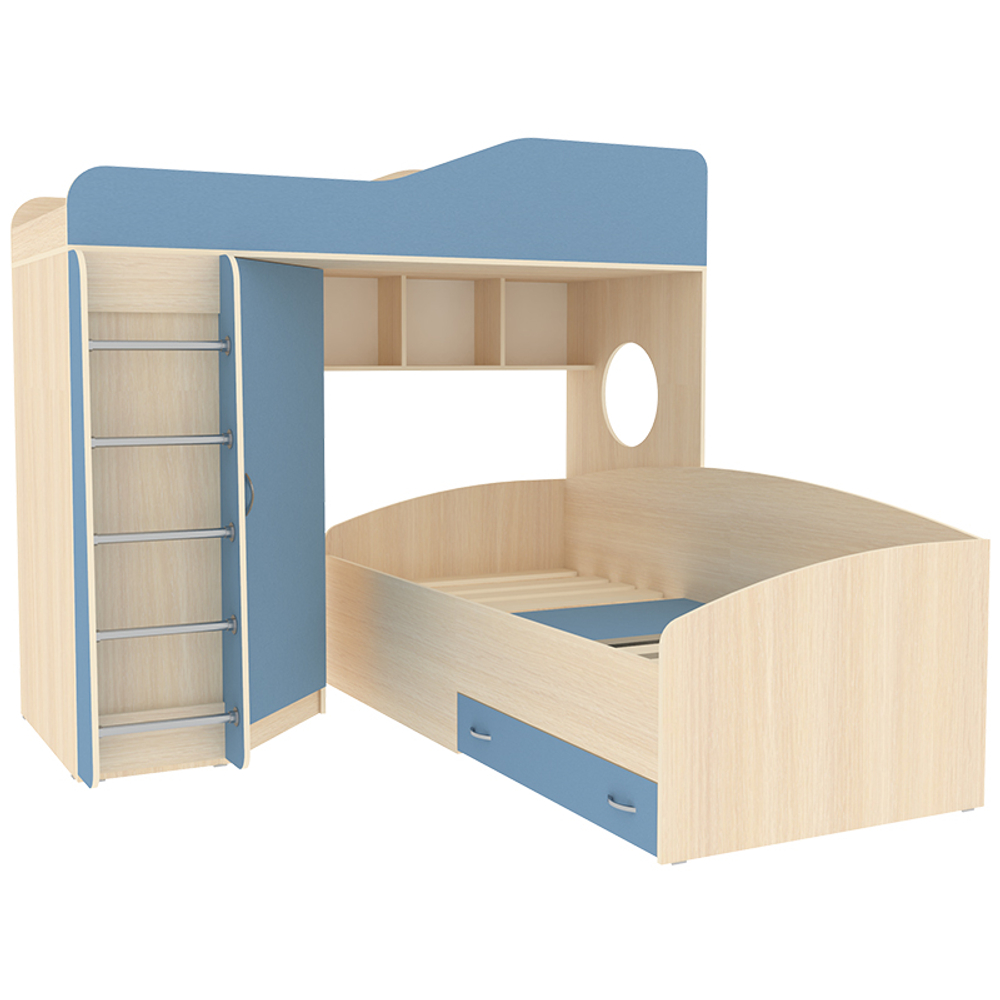 Кровать-чердак КарИВи Кадет 2 с металлической лестницей  Дуб Молочный Светло-синий, голубой