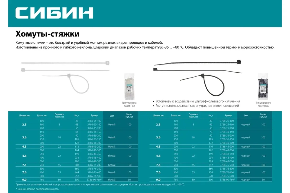 Хомуты-стяжки СИБИН белые ХС-Б, 4.8 х 400 мм, 100 шт, нейлоновые, 3786-48-400