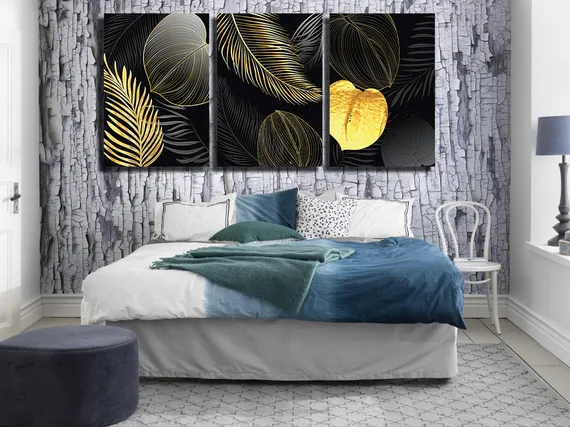 Модульная картина "Черно-золотые листья"