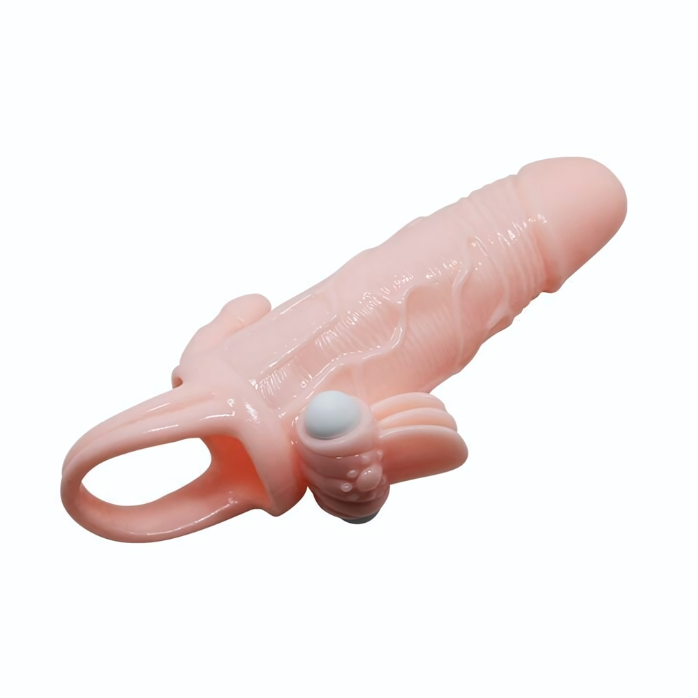 Удлиняющая насадка с вибрацией и маленьким отростком для массажа преданусной зоны (Цвет: телесный)